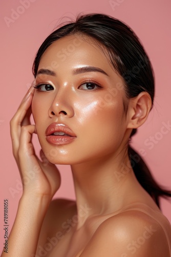 Young Asian beauty woman pulled back hair with korean makeup style touch her face and perfect skin on isolated one color background - generative ai