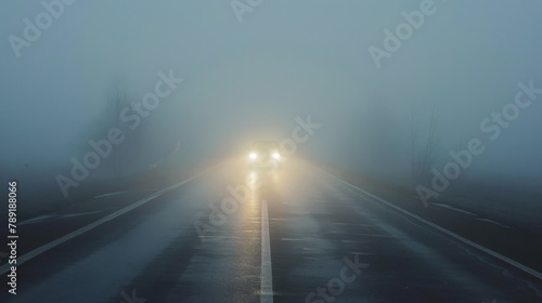 A foggy road with a phantom car appearing out of nowhere, its headlights piercing the mist