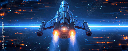 Spaceship rocket. Blue neon color vector