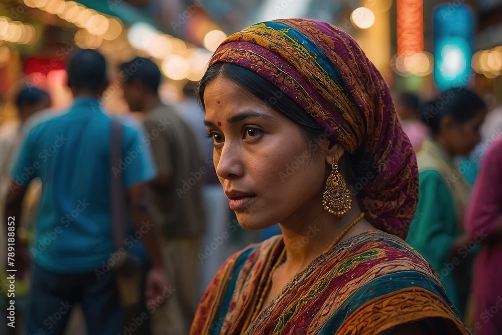woman in colorful sari standing in crowded street with people walking around