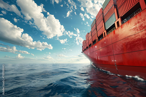 Side view of a large red cargo ship at sea under a sky with scattered clouds