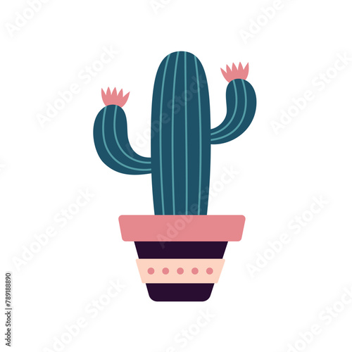 Colorful blooming cacti, succulent in pot. Cute hand drawn sketch of cactus. Doodle style, flat design. Scandinavian, boho style. Vector illustration. Exotic and Tropical Plant, home decor