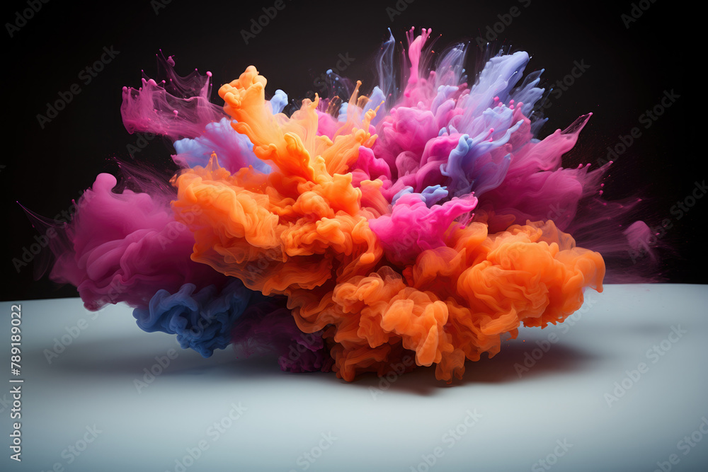 Obraz premium Dynamic multicolored powder spreading over plain surface with dark background