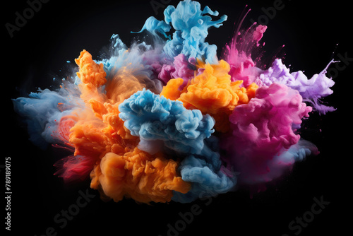 Exploding multicolored haze with smoky powder over black background