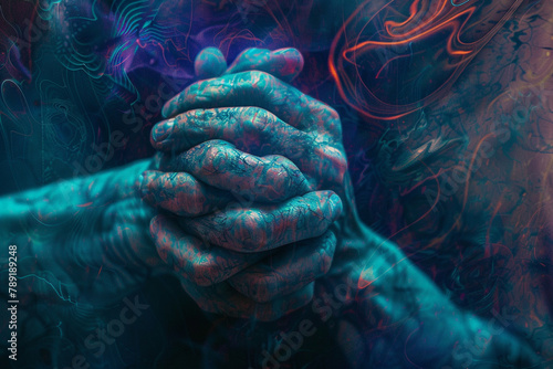 A closeup of hands clasped in despair surrounded by a dark aura with psychedelic patterns creeping across the skin