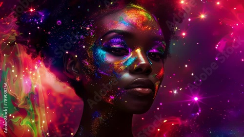 Wallpaper Mural A stunning portrait of a black woman surrounded by a rainbow of colors reminiscent of a galaxy bursting with vibrant stars and planets. She is the embodiment of celestial beauty with . Torontodigital.ca