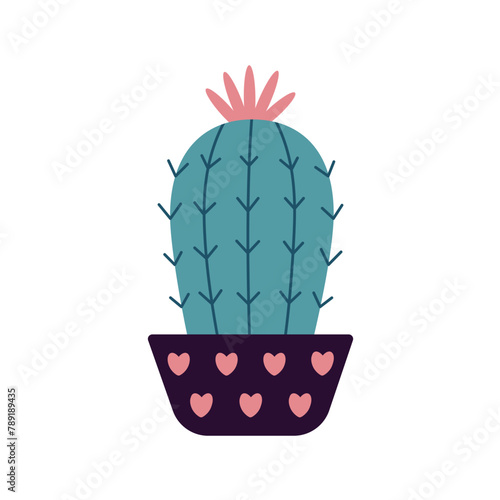 Colorful blooming cacti, succulent in pot. Cute hand drawn sketch of cactus. Doodle style, flat design. Scandinavian, boho style. Vector illustration. Exotic and Tropical Plant, home decor