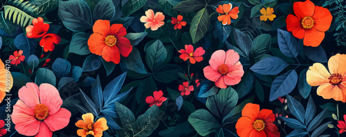 Stylish floral seamless rapport summer flowers with foliage. vector simple illustration