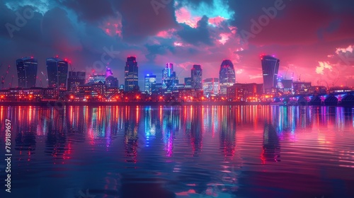 Futuristic Cityscape with Vibrant Sunset Reflecting on Water.