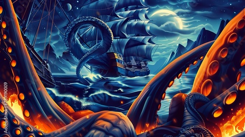 Mighty Kraken rising from the depths of the ocean tentacles entwined with ancient shipwrecks photo