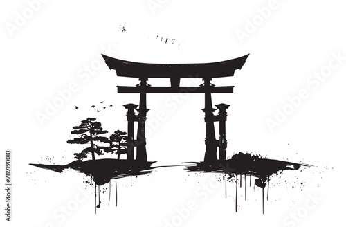 Japanese gate and drawn illustrations	
