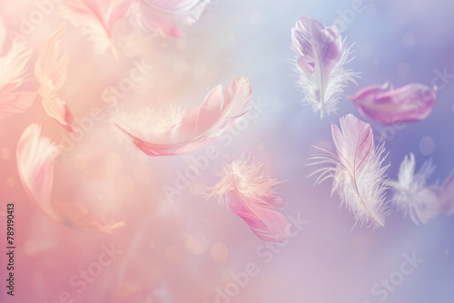 A collection of delicate angel feathers, gently floating against a heavenly backdrop, creating a serene and pure atmosphere with soft and pastel hues Created Using ethereal photography, delicat