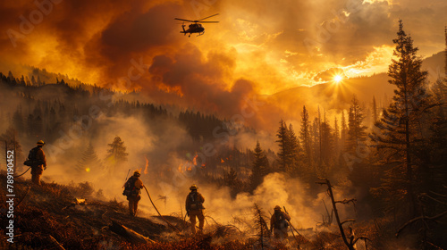 Firefighters against wildfire backdrop with helicopter at sunset