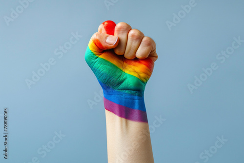 Close up raised rainbow fist of a women on a grey blue background.