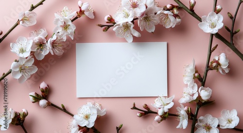 Blank Paper Surrounded by Flowers on Pink Background
