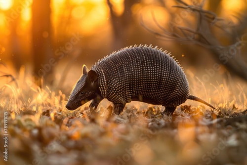 Armadillo at Sunset in Texas Field - Rural Wildlife Photography Closeup