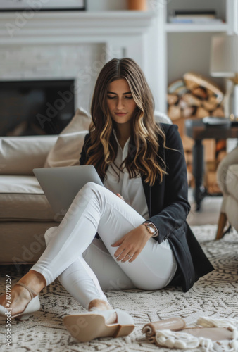 Woman Sitting on Floor Using Laptop