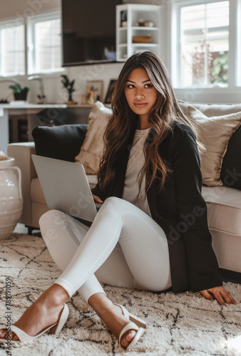 Woman Sitting on Floor Using Laptop