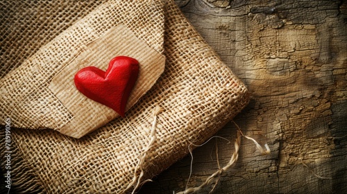 A vintage envelope and a vibrant red heart are elegantly displayed against a rustic hessian backdrop creating the perfect setting for a Valentine s Day or special occasion card with plenty  photo