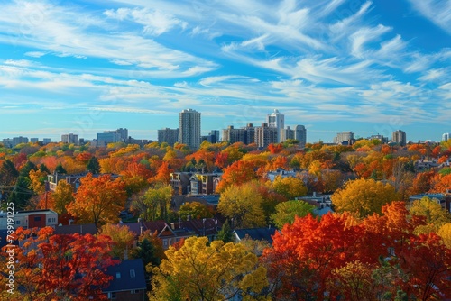 Autumn Skyline of Kitchener City. A Panoramic View of Town Architecture with Vibrant Fall Landscape Colors and Blue Sky photo