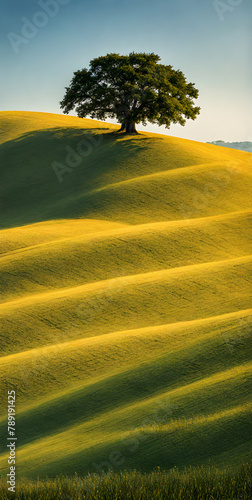 Bright sunlight over serene landscape, minimalistic scenery with single tree © karandaev