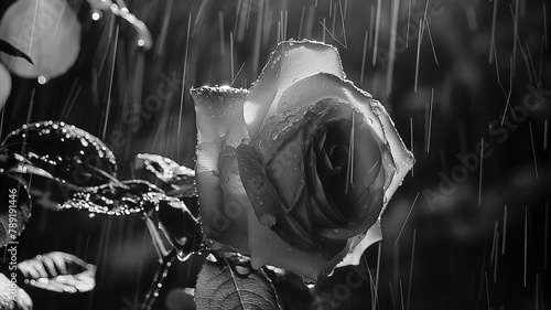 Black and white photography of the rainy rose, dark. Landscapes photography. Cinematic concept.