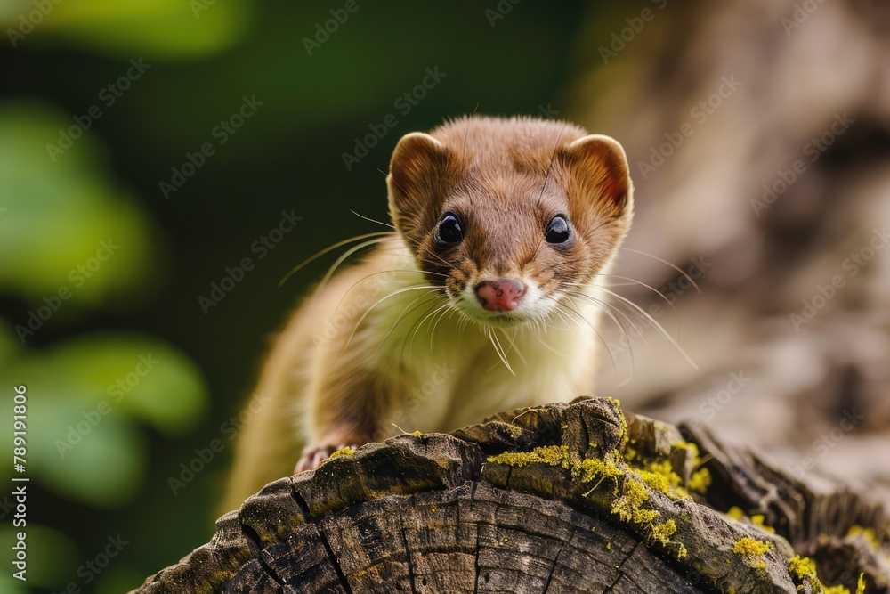 Britains Predators: The Weasel. Closeup Image of a Eurasian Carnivorous Animal Perched on Brown Logs Britains Predators: The Weasel. Closeup Image of a Eurasian Carnivorous Animal Perched on Brown Logs