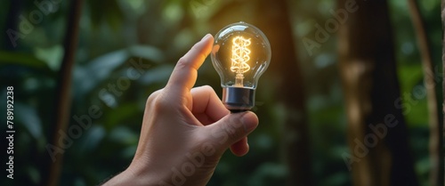 Outdoor Tropical senior travel and camping alone at natural park in Thailand. Recreation and journey outdoor activity lifestyle, Hand holding light bulb against nature on green leaf with energy source