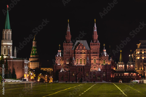 Moscow Red Square at night with the illuminated State Historical Museum, clear skies, travel and cultural themes. Moscow, Russia
