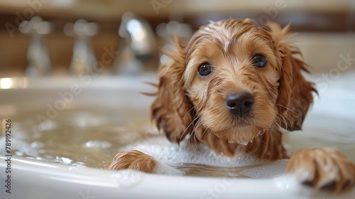 Brown Dog Taking a Bath in Bathtub