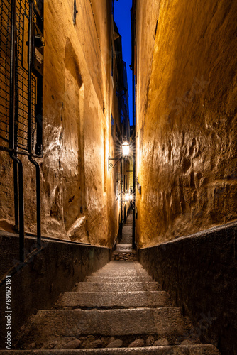Canvas Print Stockholm, Sweden A view of the   city's narrowest alley, Marten Trotzigs Grand in Gamla Stan or Old Town at night