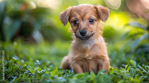 Brown Dog Sitting in Grass Looking Up