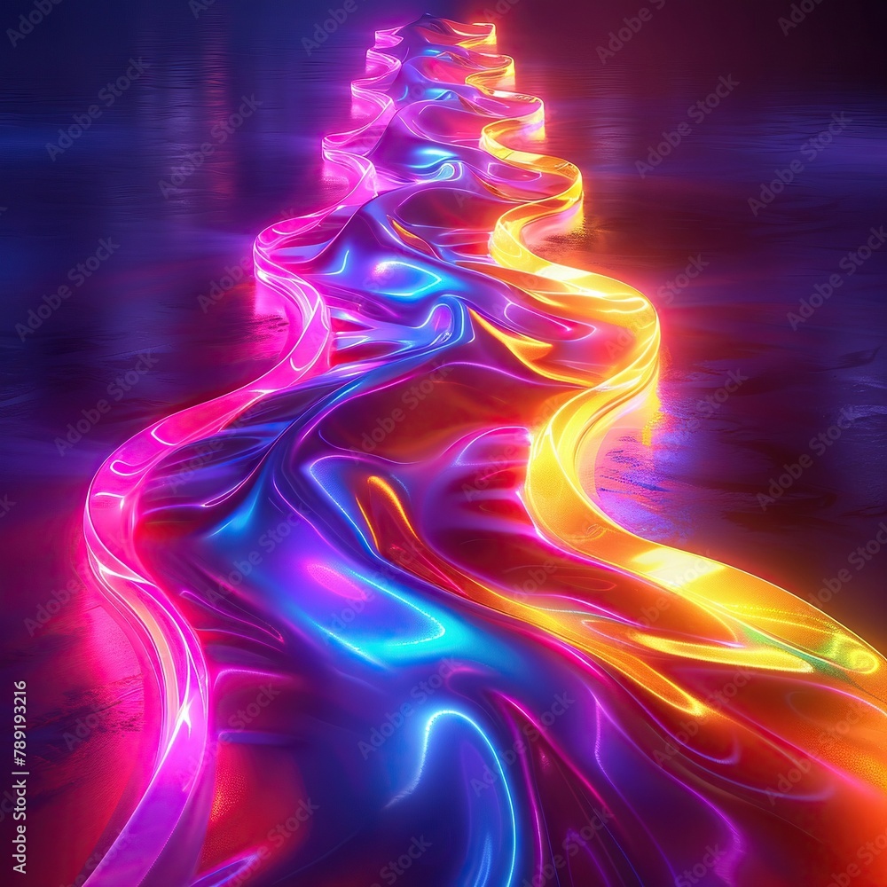 3D neon rainbow wave pipe, vibrant colors swirling in seamless flow, futuristic design, isolated on clean background, 3D render