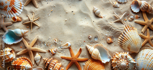 Shells and Starfish on Sandy Beach
