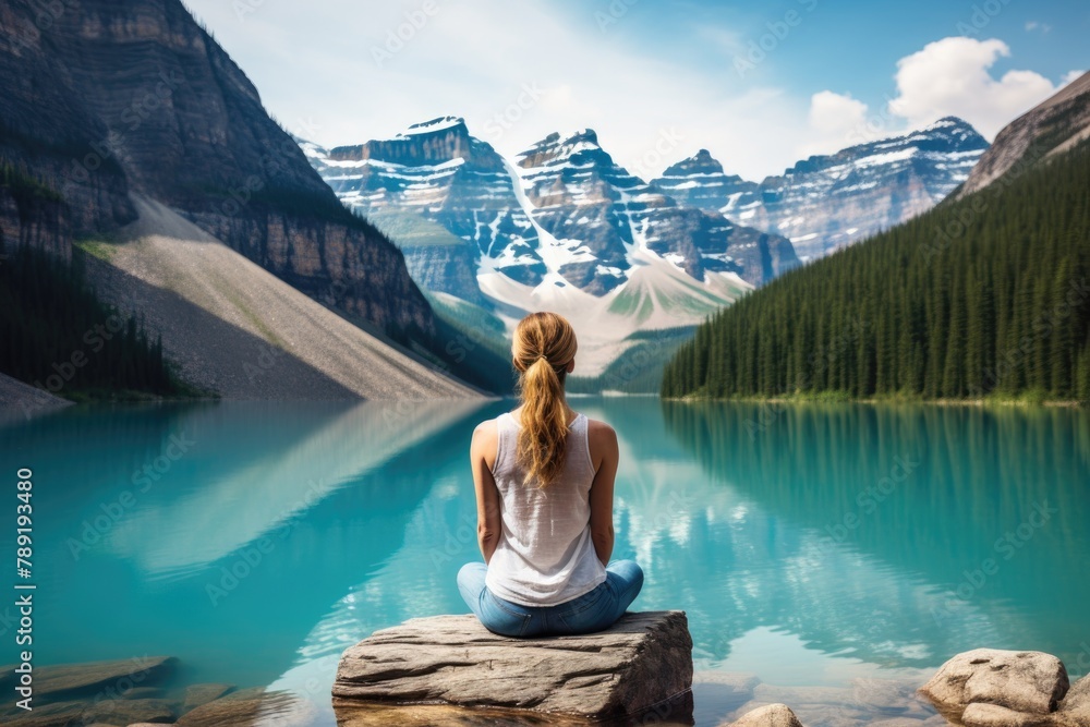 woman sits on jetty at peaceful lake on mountain view woman sits on jetty at peaceful lake on mountain view