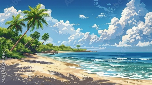A Painting of a Beach With Palm Trees
