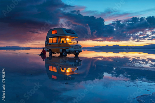 Glowing Camper Van on a Salt Lake at Sunset in Bolivia