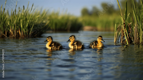 mother duck with ducklings in a pond in autumn with reeds ,AI generated 