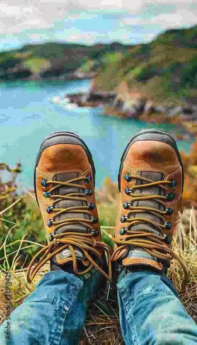 Traveler s view hiking on mountain summit with stunning lake and river landscape