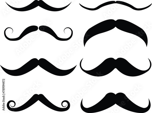 Mustache set with different style. Black silhouette of adult man mustaches. Symbol of Father day. Vector illustration. Moustache for men face