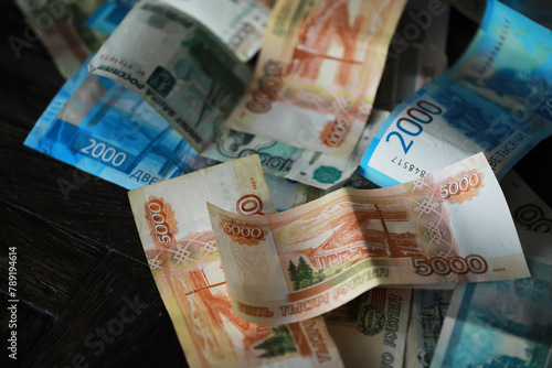 Russian money. Different denomination of bills. Close-up of Russian rubles. Finance concept. Money background and texture.