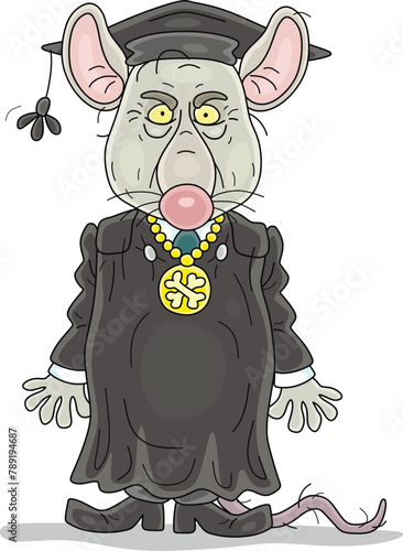 Old mangy rat judge in a black gloomy judicial robe for official hearings and sentencing, vector cartoon illustration on white