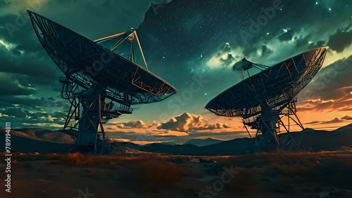 Multiple Satellite Dishes Positioned on Rural Field Provide Connection photo