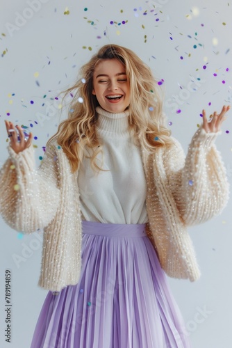 Woman Wearing Purple Skirt and White Sweater