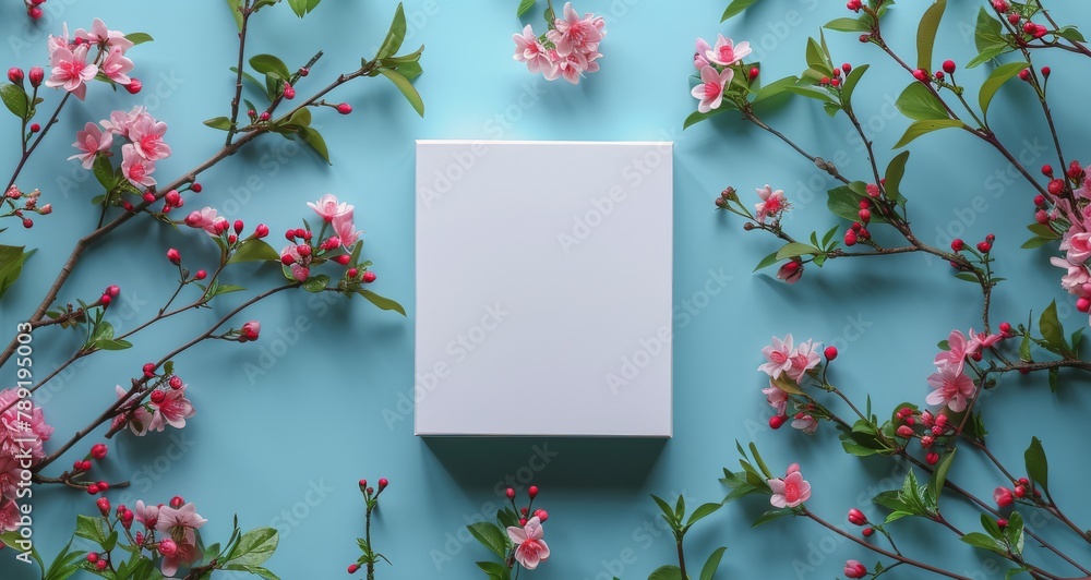 White Box on Blue Surface Near Pink Flowers