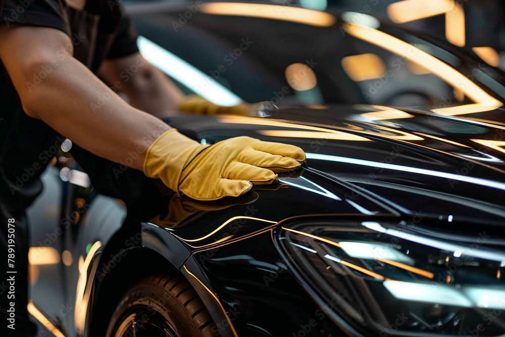 Obraz premium Professional Detailing a Luxury Car in a Workshop