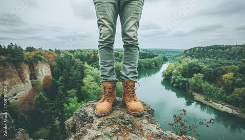 Adventure  hiker s view atop mountain, gazing at lake, river   nature s beauty and sport combined photo