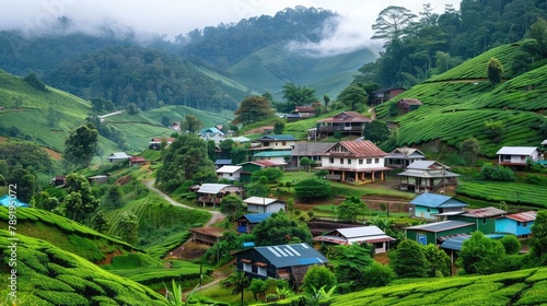 Landscape of country hill tribe village in the middle terraced newly planted tea fields on mountain with foggy in tropical rainy season ,Morning misty montain landscape with village among greenfield
