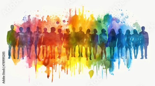 Colourful Silhouettes, Diverse People Stand Together. Multicultural Group, Team, Crowd. Equality, Unity. Human Rights, Ethnicity. Watercolor Painting, Ink Splashes, Concept. Full Height, in Raw, Front