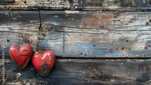 Celebrate Valentine s Day vibes with a rustic wooden background graced by two vibrant red hearts
